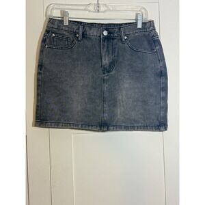 Blue Asphalt Mini Denim Skirt Acid Wash Gray‎ with Red Gingham Bow Detail